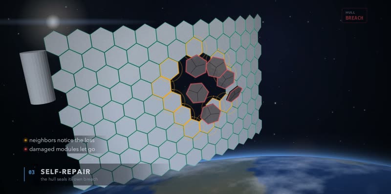 Hull panel of hexagonal modules with a breach being sealed